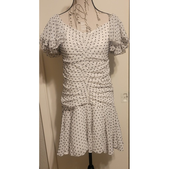 Bardot Women White Black Polka Dot Ruched Ruffle Mini Dress Size 8 M US 12 UK - Picture 2 of 11